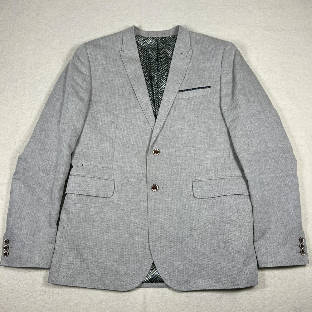 Ted Baker Herringbone Blazer Mens 6 44L Sport Coat Tall Fit Gray Linen Cotton - Picture 3 of 14